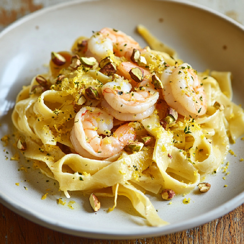 Citrónové tagliatelle s krevetami a pistáciami