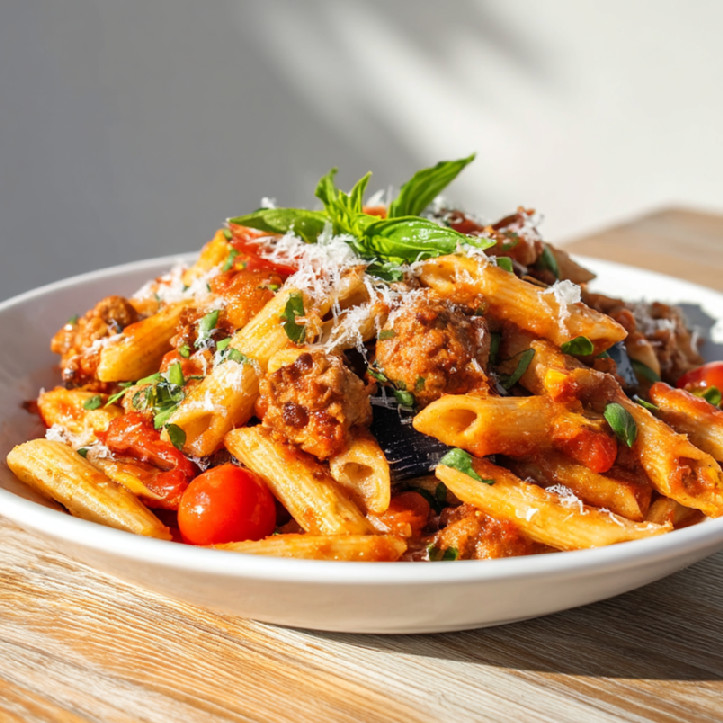 Penne s baklažánom a mletým mäsom