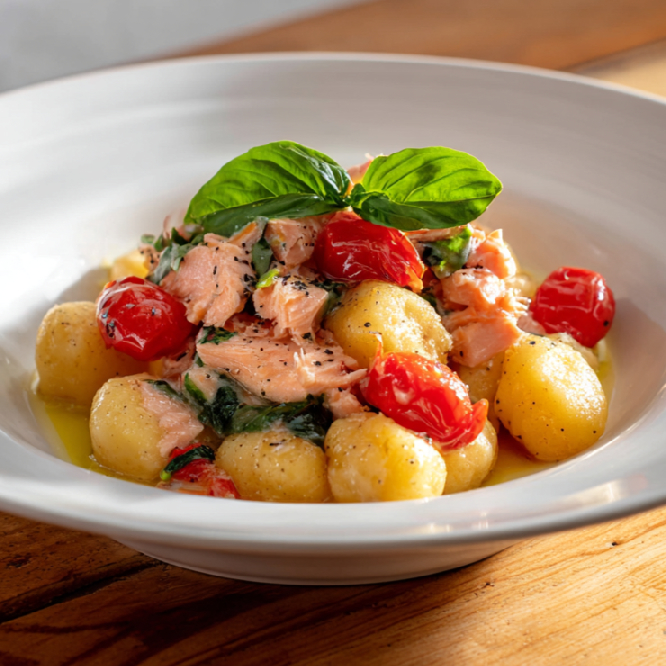 Gnocchi s lososom, cherry paradajkami a bazalkou
