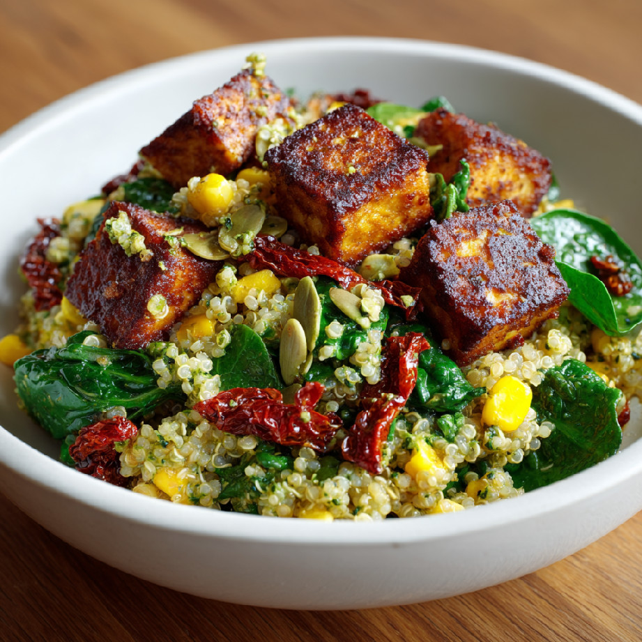 Teplý quinoa šalát s pestom a tofu