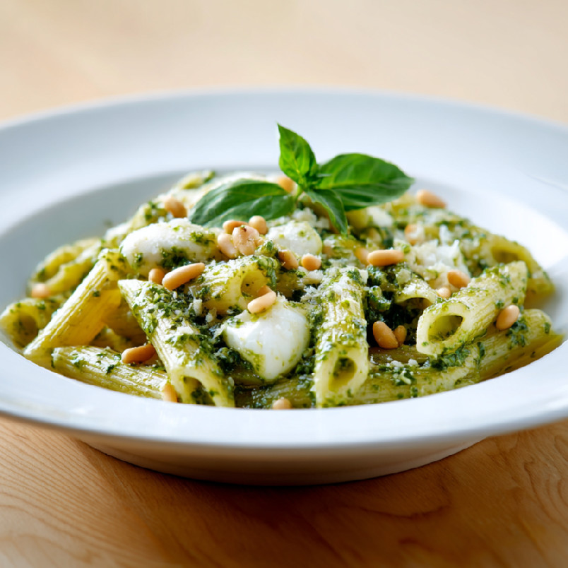 Penne s mozzarellou, bazalkovou pastou a píniovými orechmi